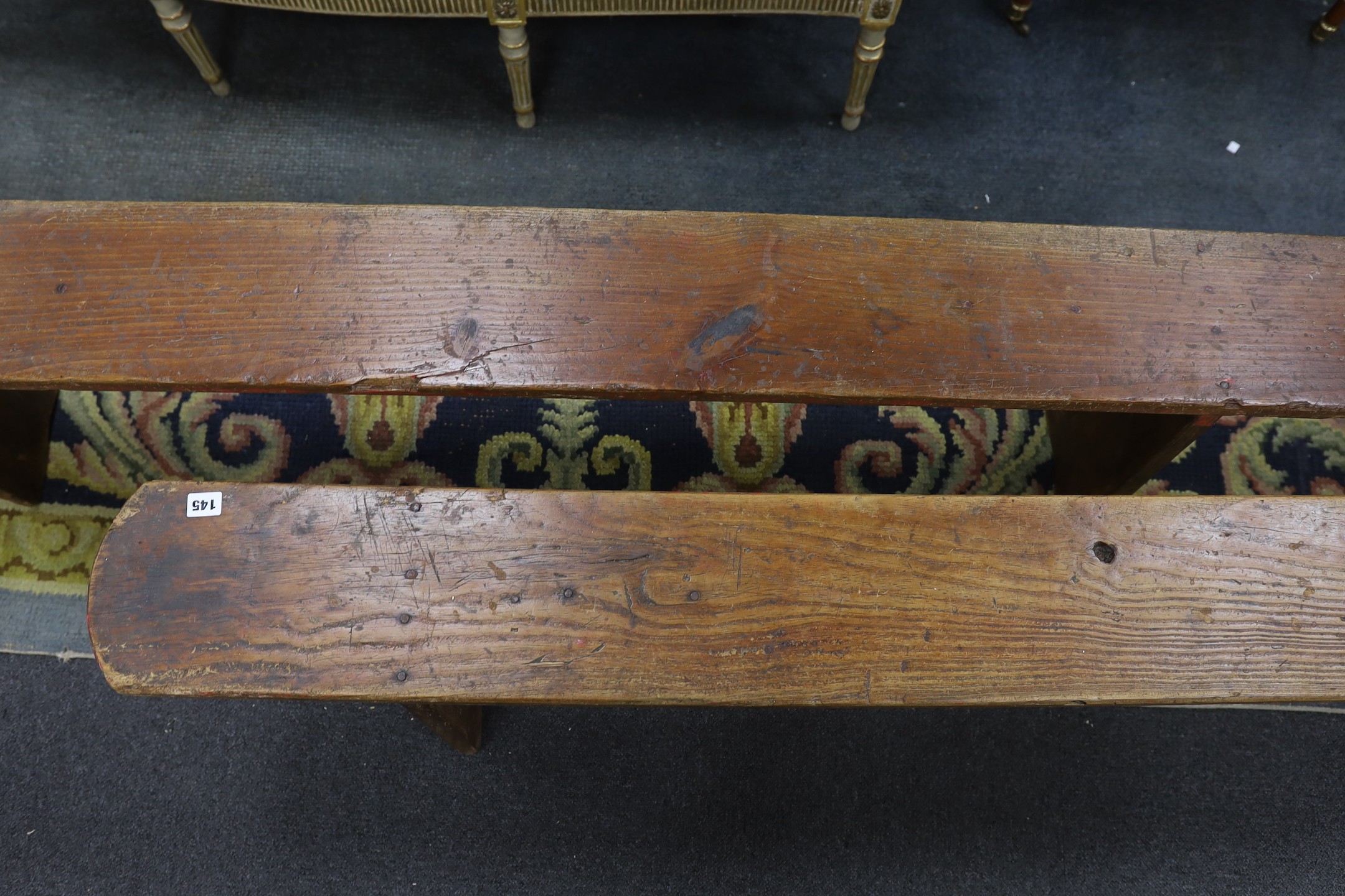 A pair of 19th century provincial elm bench seats, length 199cm, height 46cm